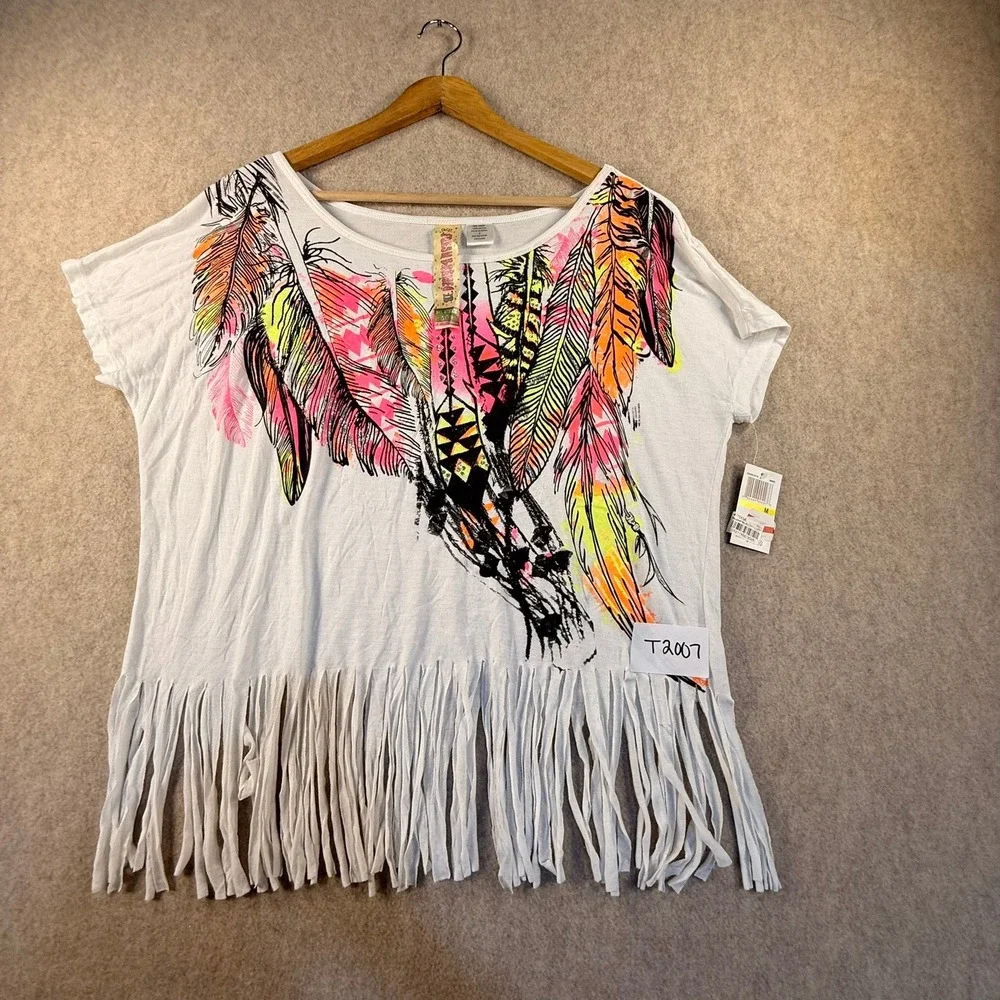 Fresh Brewed Womens White Neon Feather Graphic Fringe T-Shirt Size M NTW Y2K - Picture 1 of 8